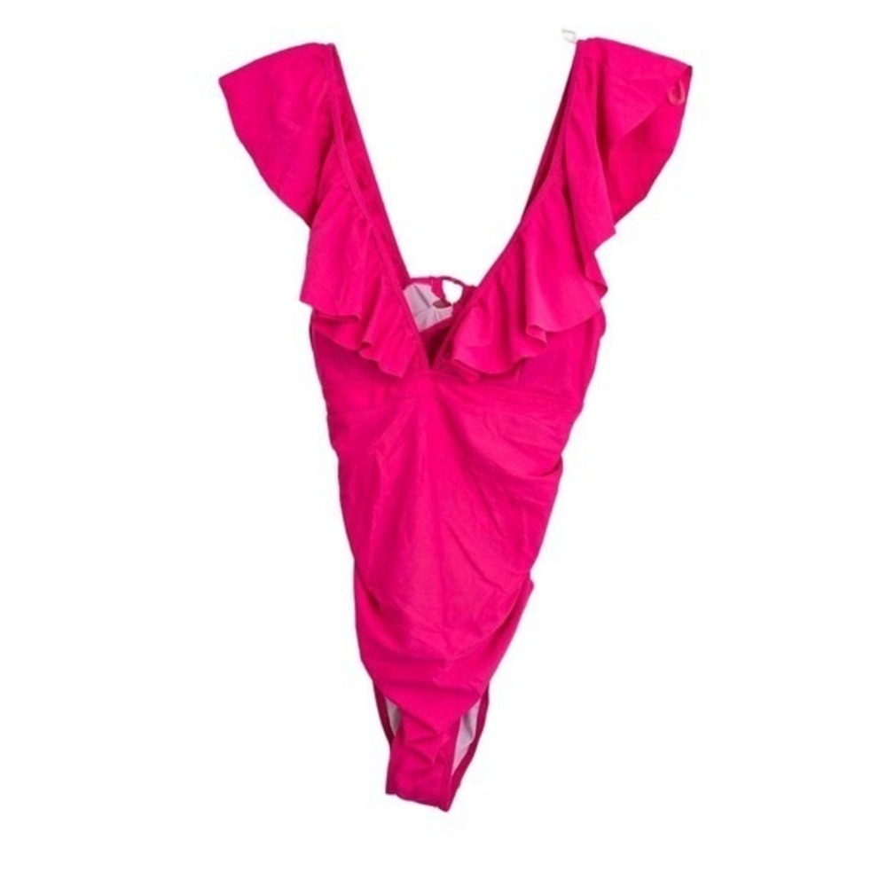 Hot Pink‎ Ruffle One Piece Swimsuit Women's Size Medium High Cut V Neck Tie Back